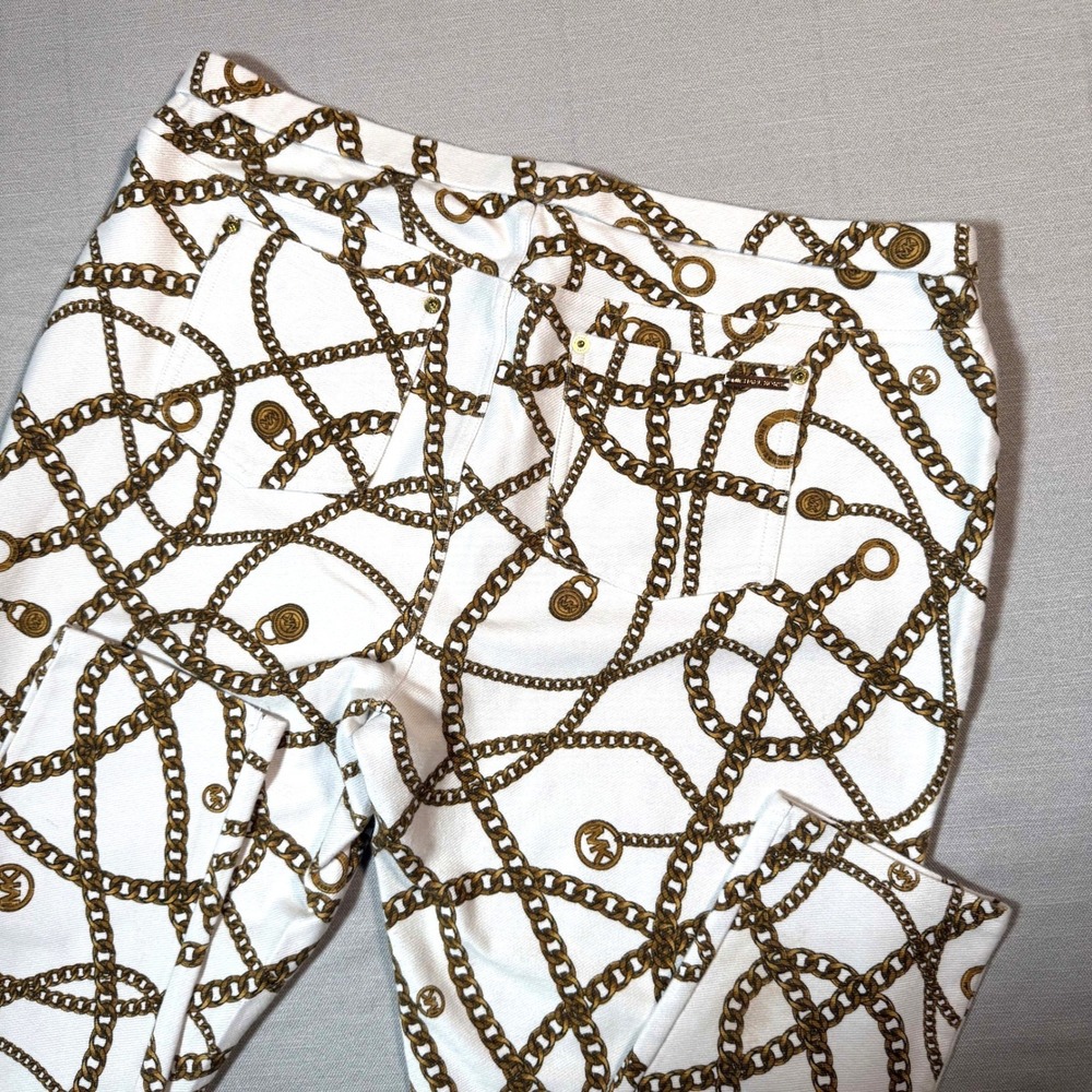 Michael Kors XL White Gold Chain Link Logo Print Skinny Jeans Pants Designer